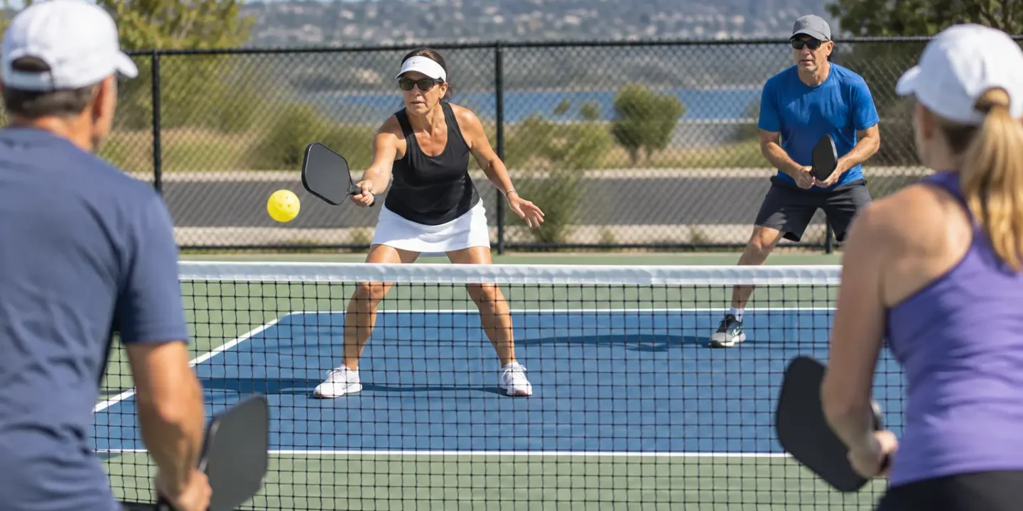 Pickleball player avoiding a kitchen volley fault