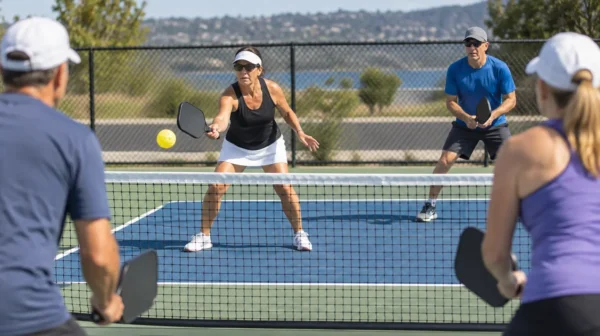 Pickleball player avoiding a kitchen volley fault