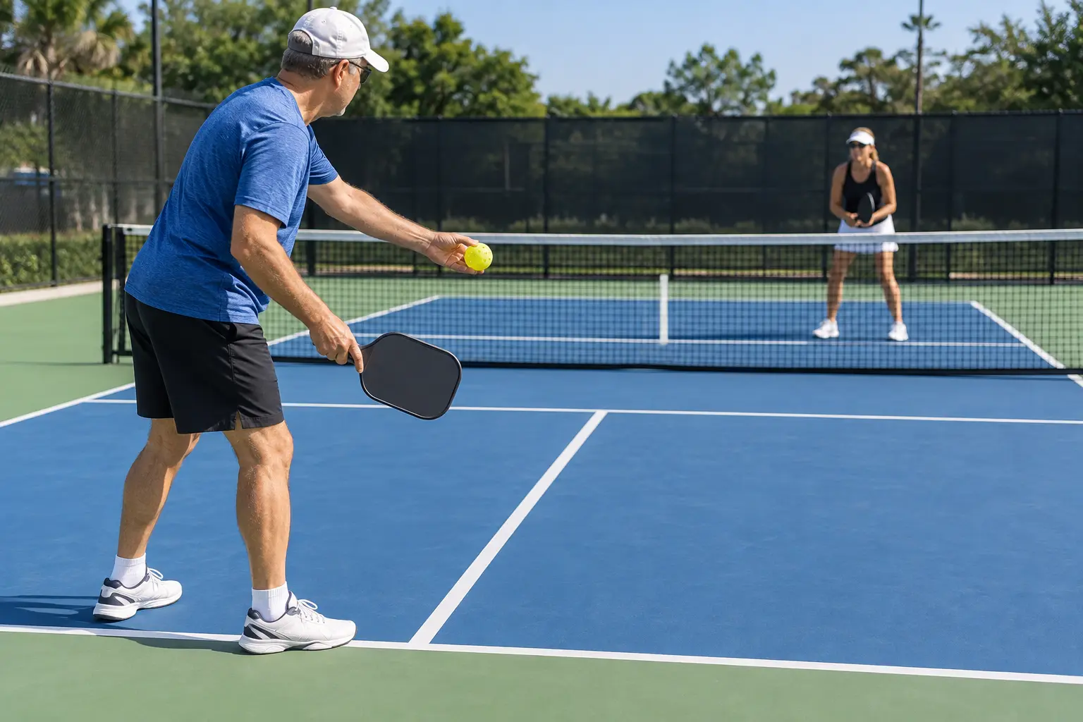 Pickleball player serving legally from behind the baseline