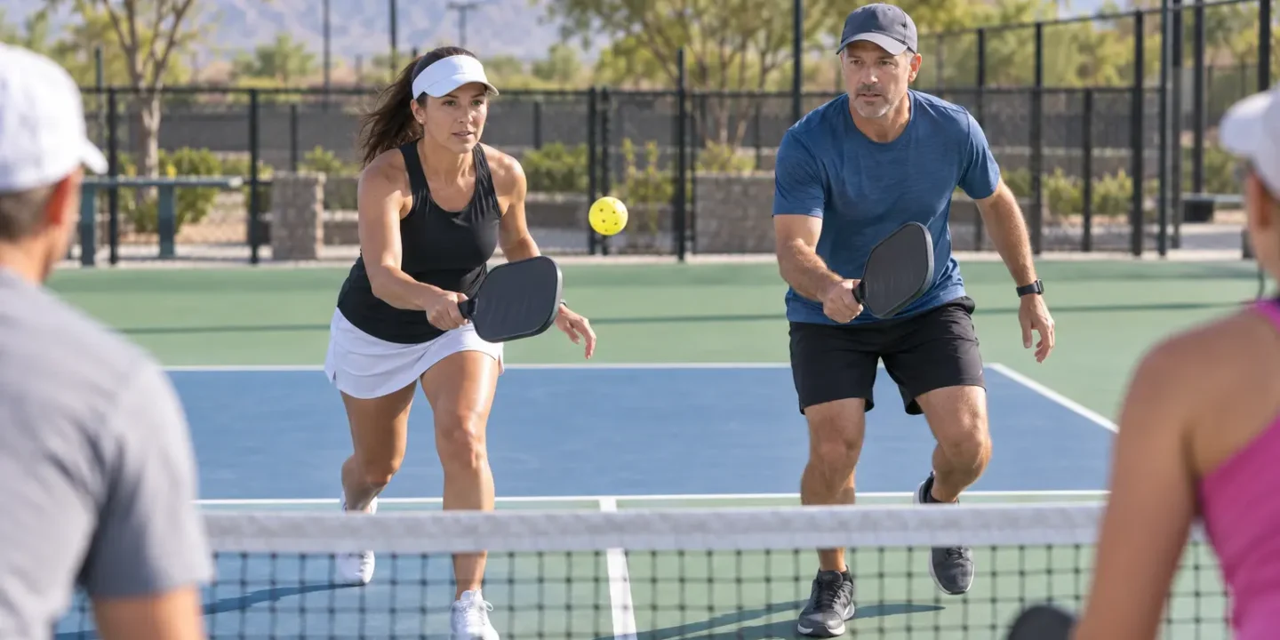 Pickleball doubles players moving together toward the kitchen line