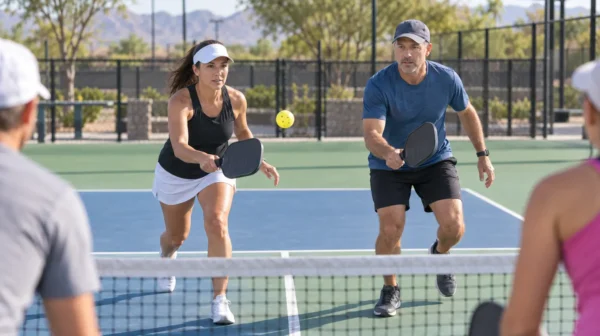 Pickleball doubles players moving together toward the kitchen line