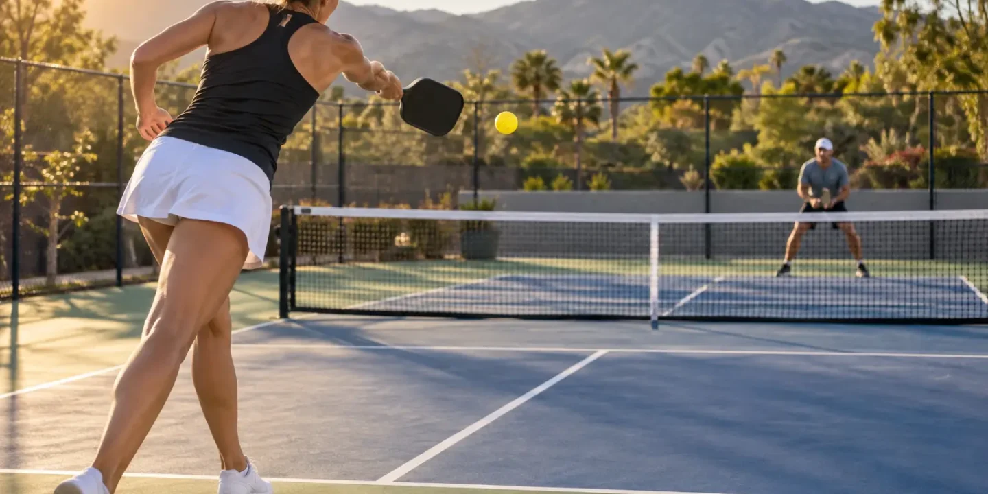Powerful deep topspin pickleball serve aimed at the receiver