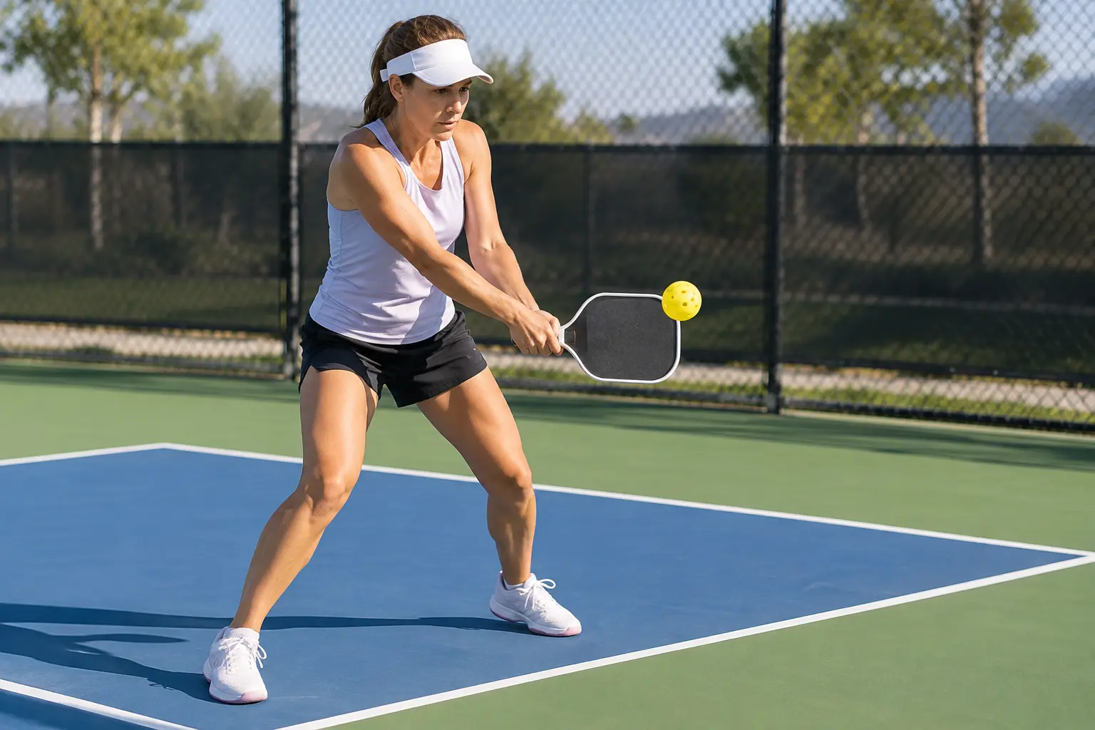 Player returning a difficult pickleball serve with a backhand