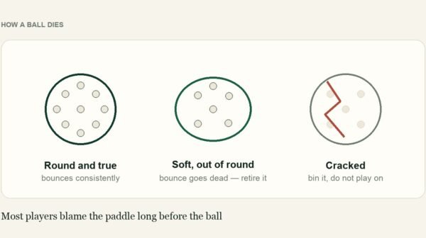 Three stages of pickleball ball wear: round and true, soft and out of round, then cracked