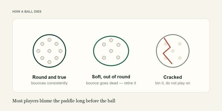 Three stages of pickleball ball wear: round and true, soft and out of round, then cracked
