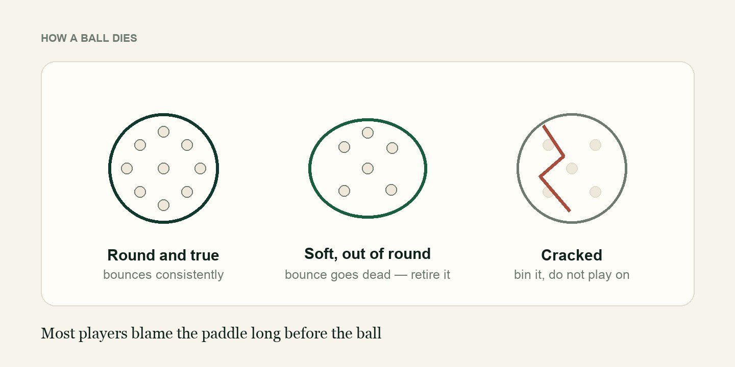 Three stages of pickleball ball wear: round and true, soft and out of round, then cracked
