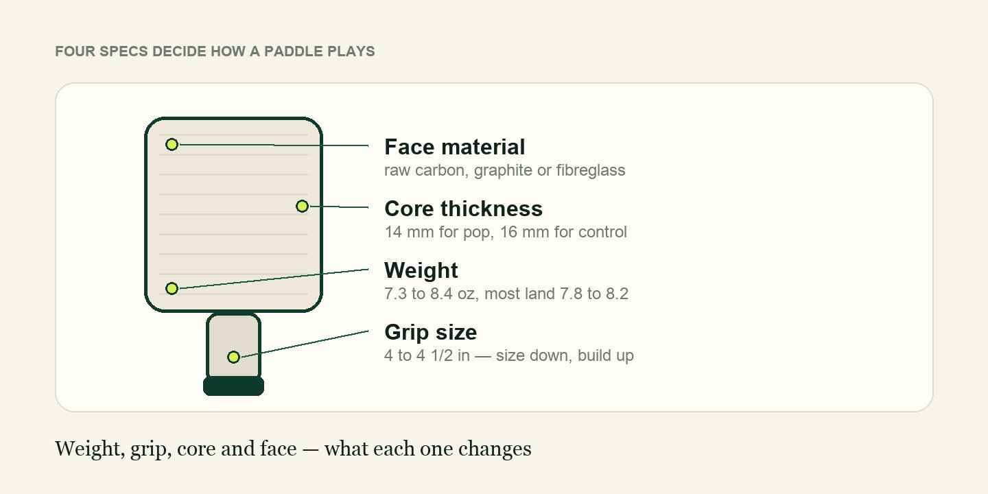 The four specs that decide how a pickleball paddle plays: face material, core thickness, weight and grip size