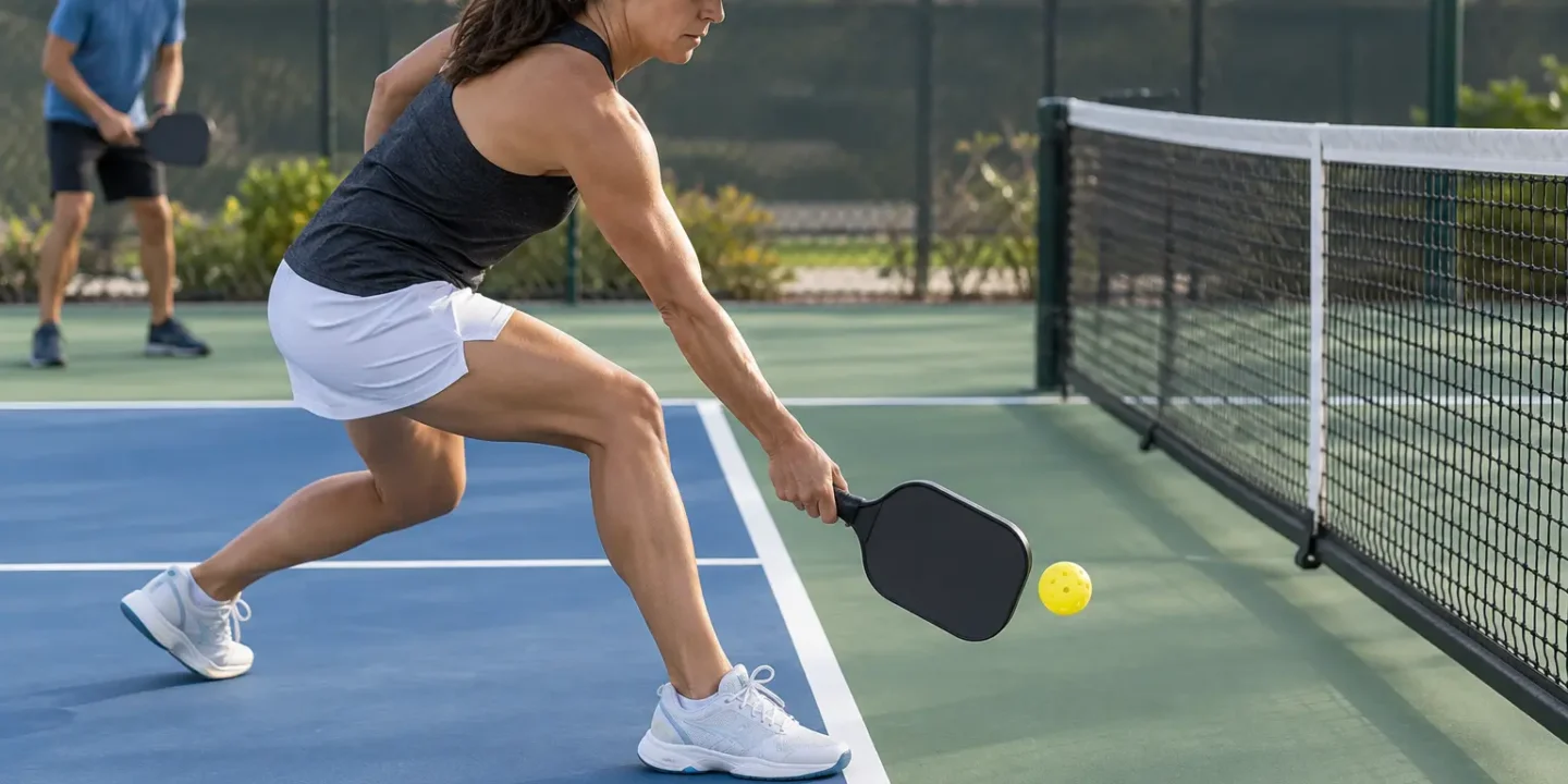 Pickleball player stepping into the kitchen after the ball bounces