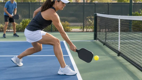 Pickleball player stepping into the kitchen after the ball bounces