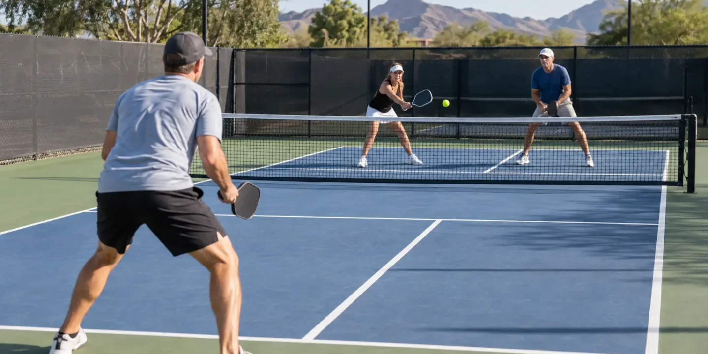 Pickleball mistakes: player standing too deep while opponents control the kitchen line