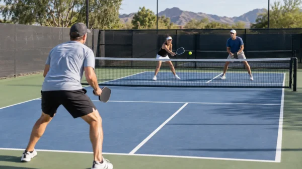 Pickleball mistakes: player standing too deep while opponents control the kitchen line