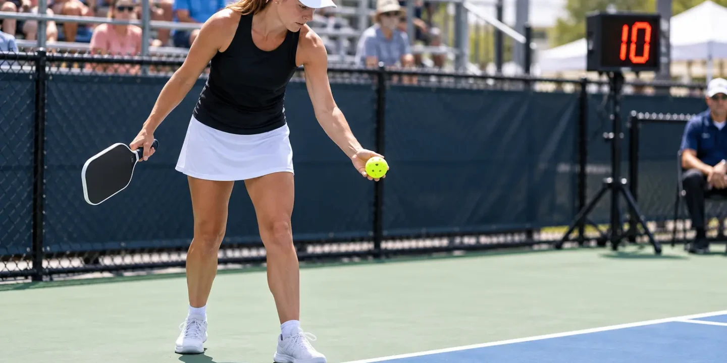 Pickleball server preparing within the 10-second rule
