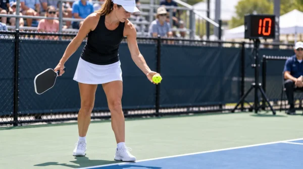 Pickleball server preparing within the 10-second rule