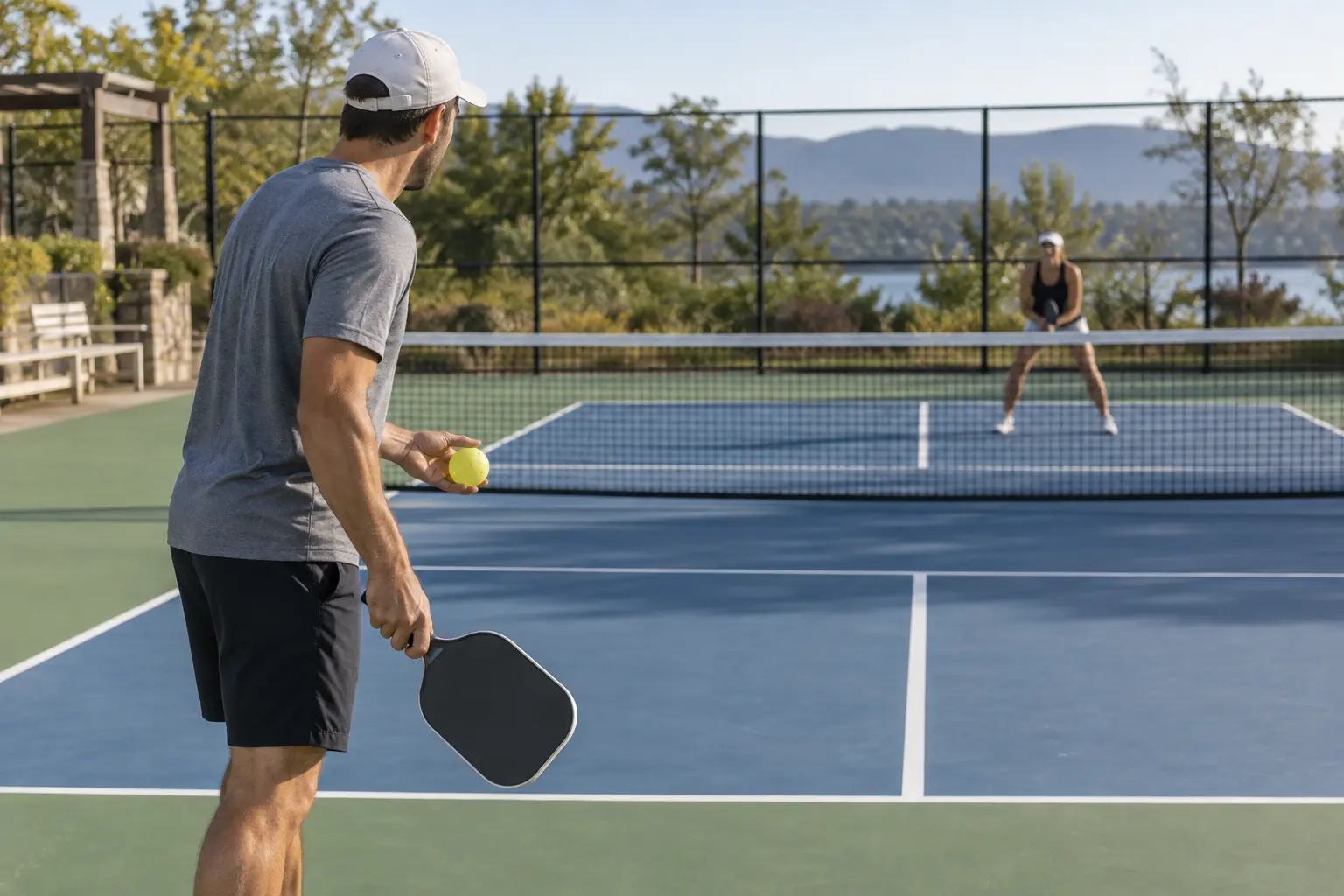 Pickleball player using a calm pre-serve routine