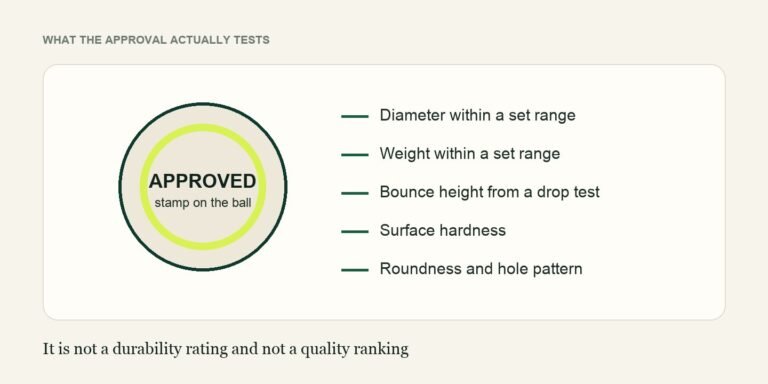 What a USA Pickleball approval stamp tests: diameter, weight, bounce height, surface hardness and roundness