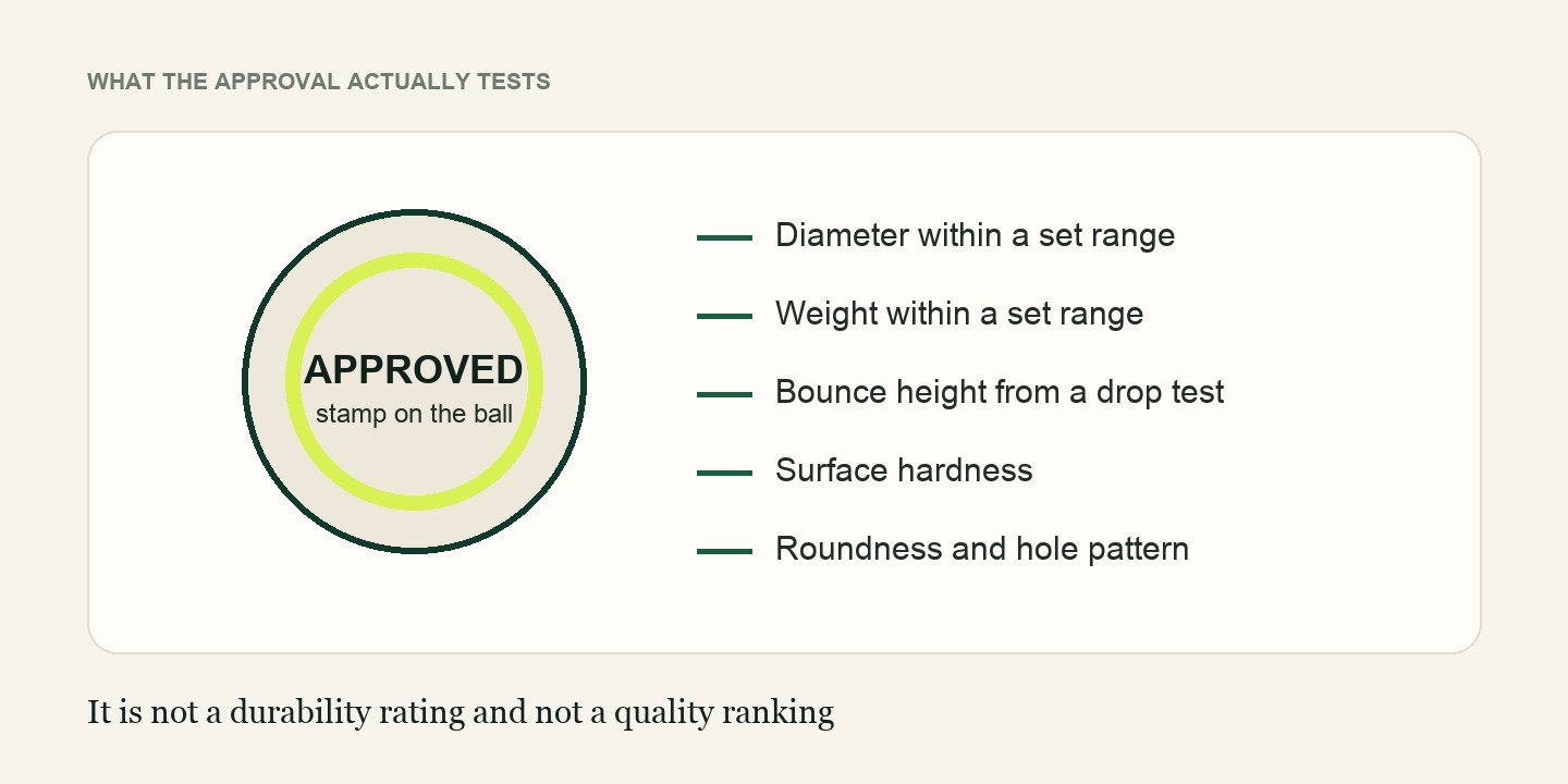 What a USA Pickleball approval stamp tests: diameter, weight, bounce height, surface hardness and roundness