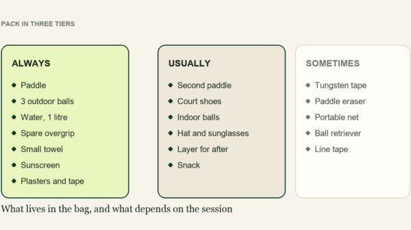 Three-tier packing list for a pickleball bag: always, usually and sometimes