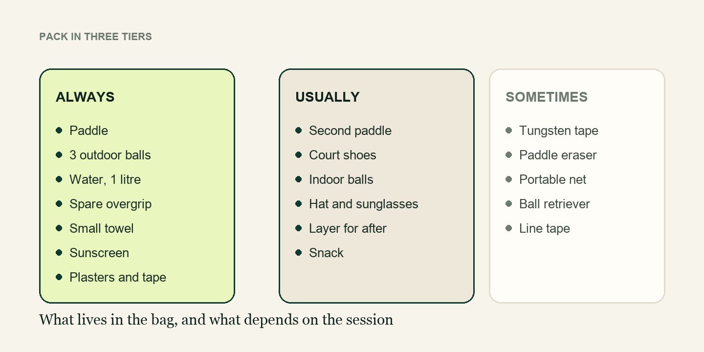 Three-tier packing list for a pickleball bag: always, usually and sometimes