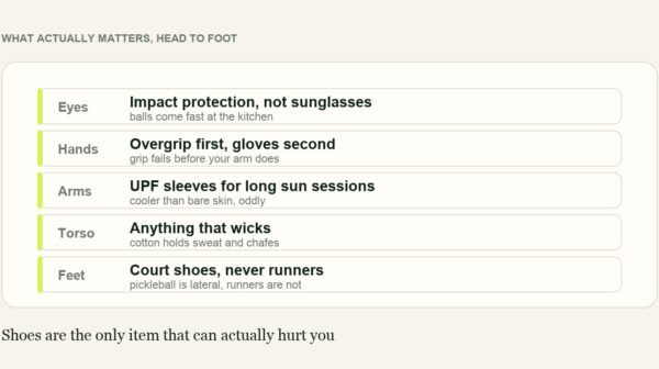 What to wear for pickleball listed head to foot: eyes, hands, arms, torso and feet