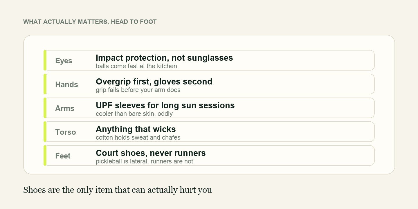 What to wear for pickleball listed head to foot: eyes, hands, arms, torso and feet